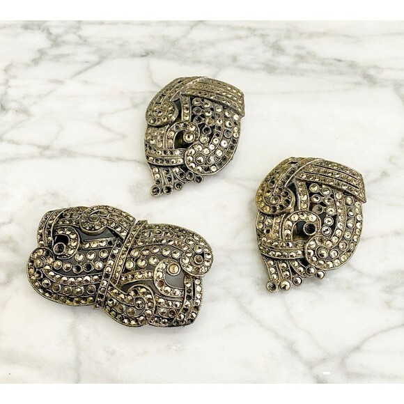 Antique Art Deco Marcasite Pot Metal Dress Clips & Belt Buckle Set As Is Repair main image 8